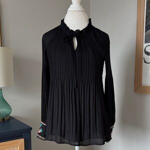 Spense Black Blouse with Colorful Embroidered Cuffs